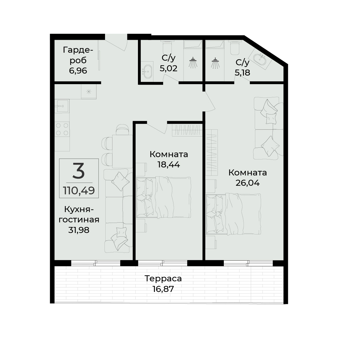 Планировка апартамента 110,49 м² с сайта ГК «Развитие»