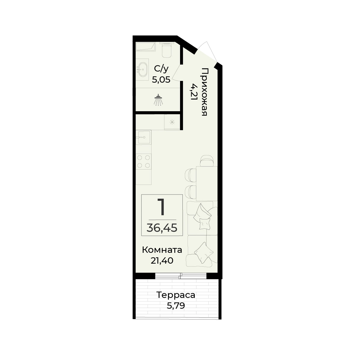 Официальная планировка апартамента 36,45 м²