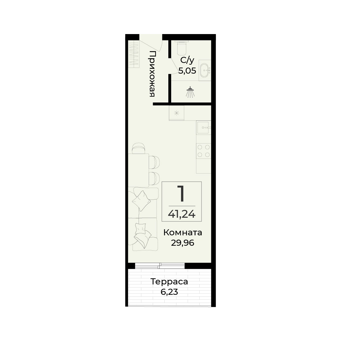 Планировка апартамента 41,24 м² с сайта ГК «Развитие»