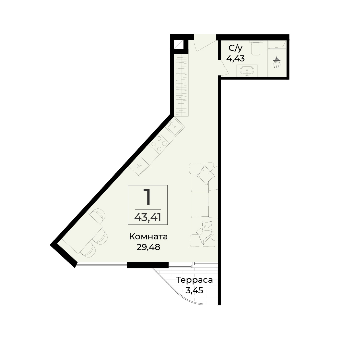 Планировка апартамента 43,41 м² с сайта ГК «Развитие»