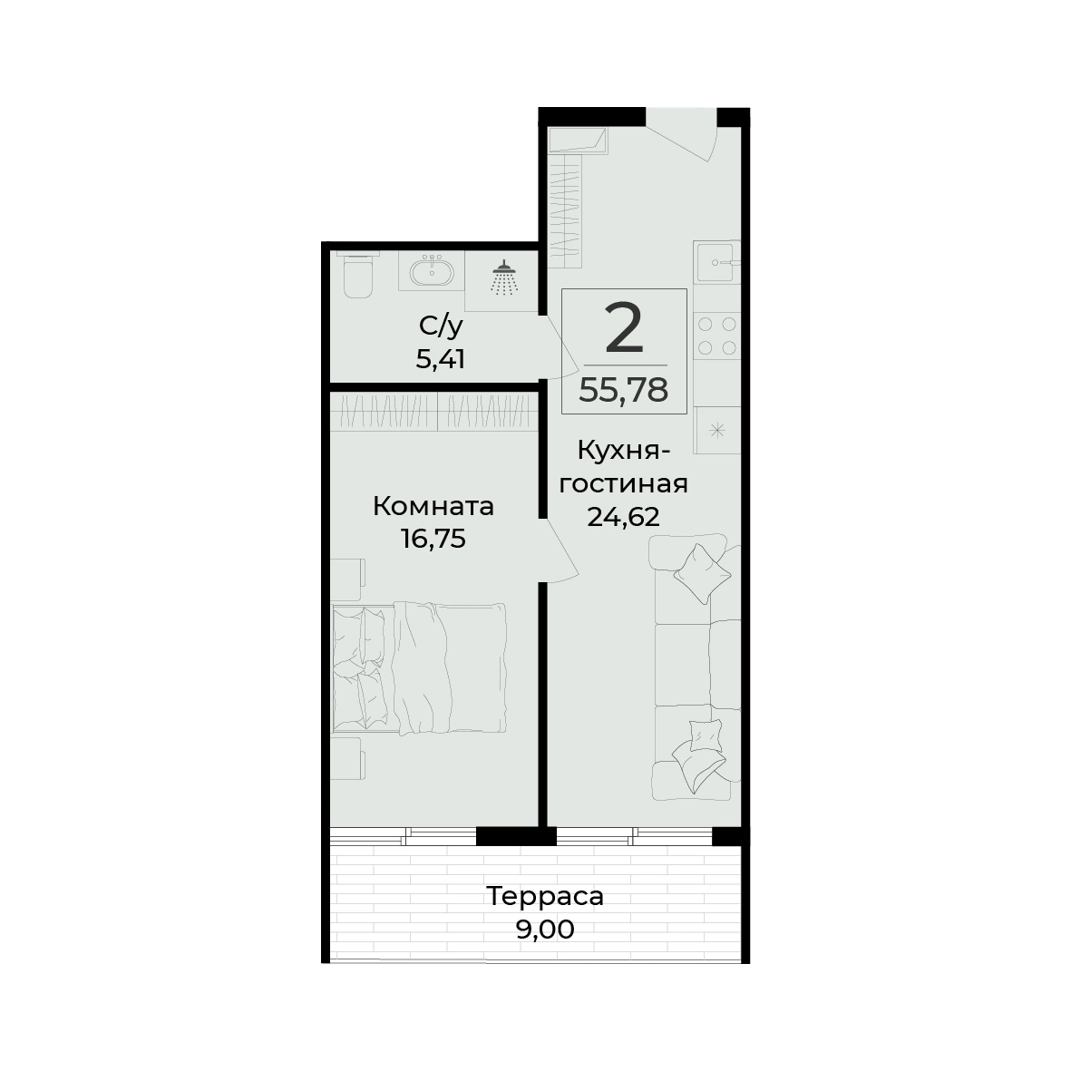 Планировка апартамента 55,78 м² с сайта ГК «Развитие»