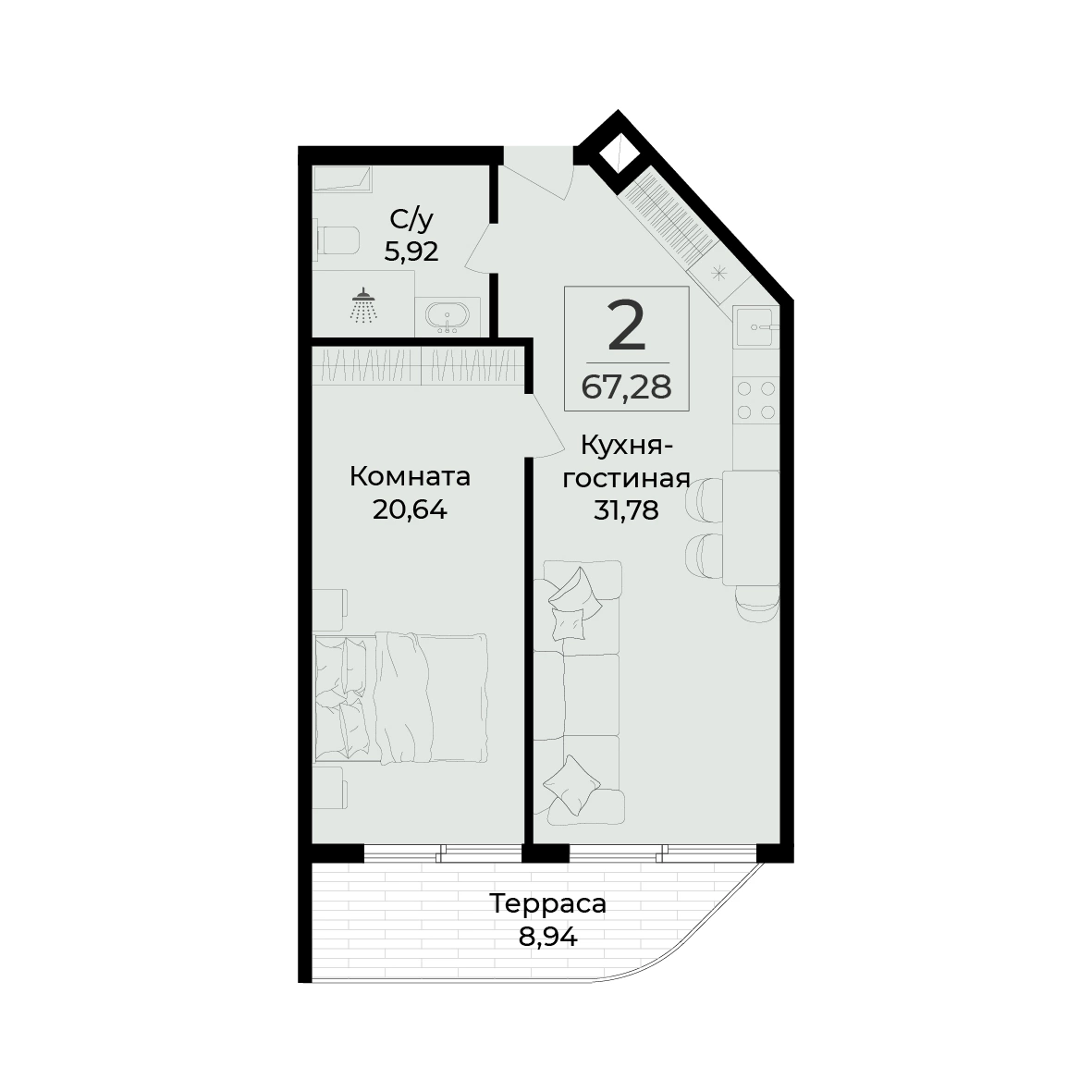 Планировка апартамента 67,28 м² с сайта ГК «Развитие»