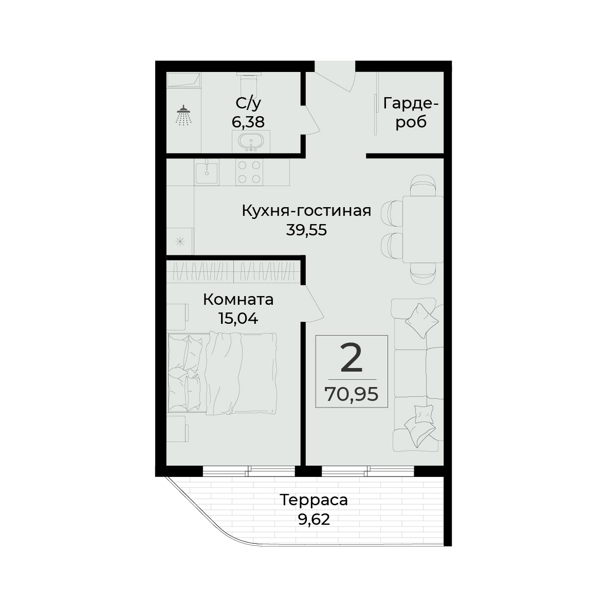 Планировка апартамента 70,59 м² с сайта ГК «Развитие»