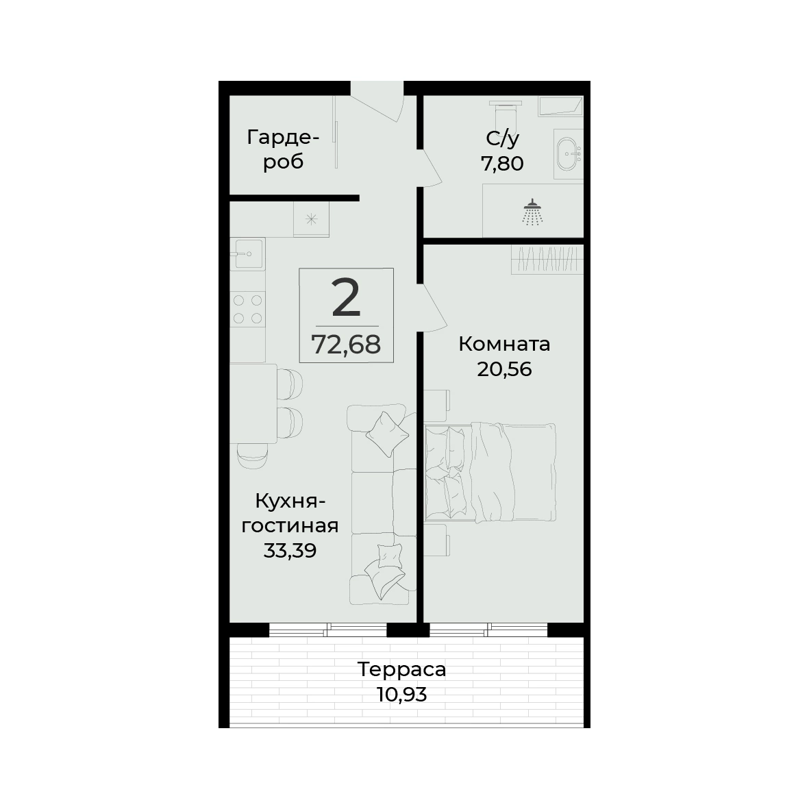Планировка апартамента 72,68 м² с сайта ГК «Развитие»